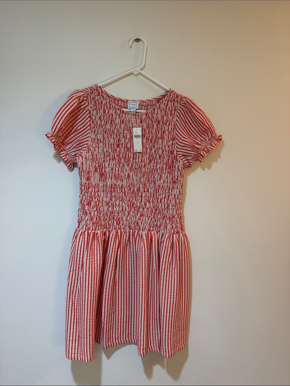 Anthropologie Red and White Striped Smocked Puff-Sleeve Mini Dress